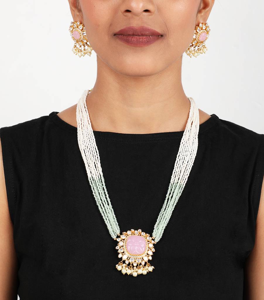 Moissanite Polki Rose Quartz Necklace Set : PJ74