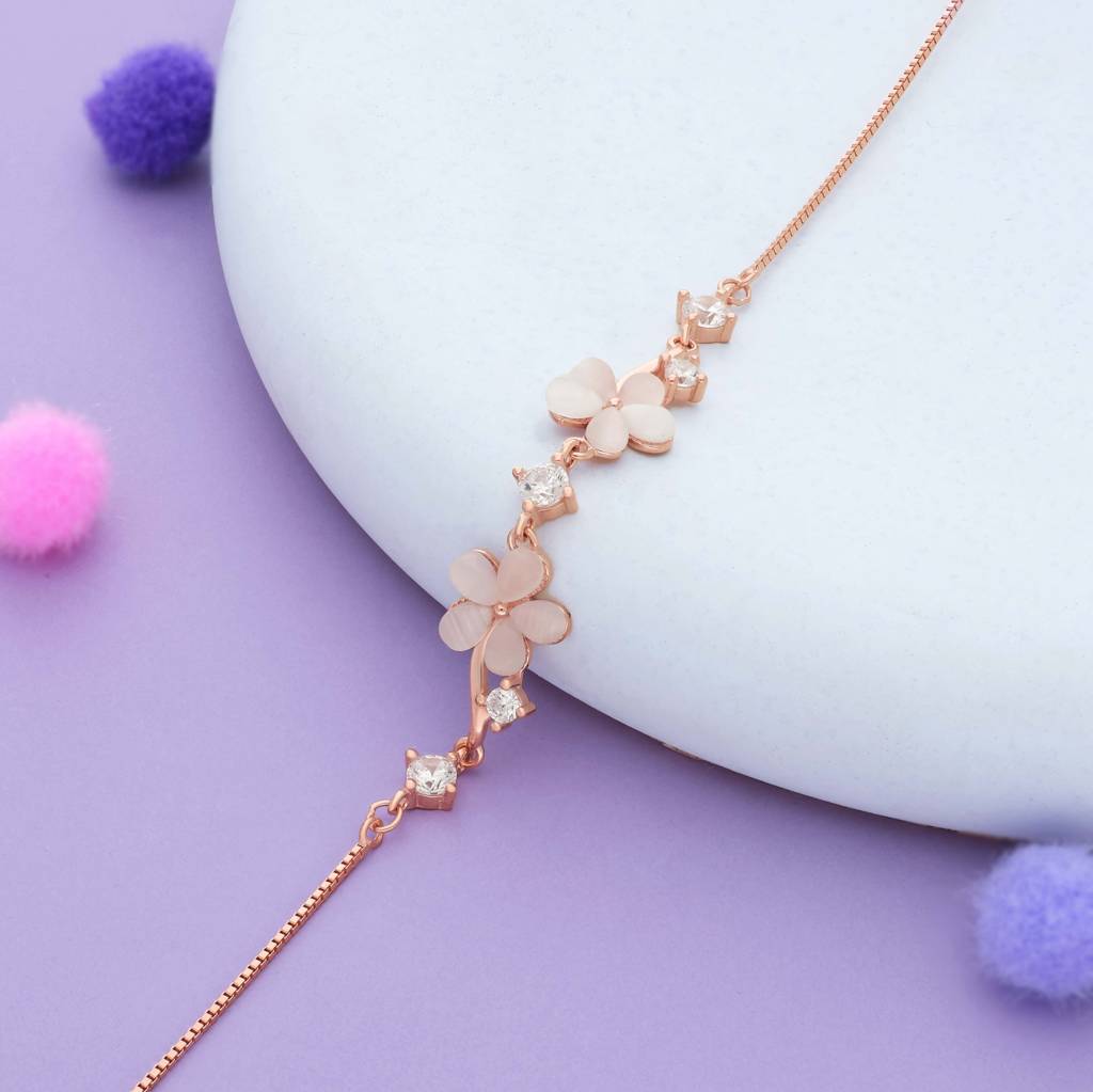 Twin Bloom Zircon Stone 925 Silver Bracelet : BR-MB-RG-U-127-S