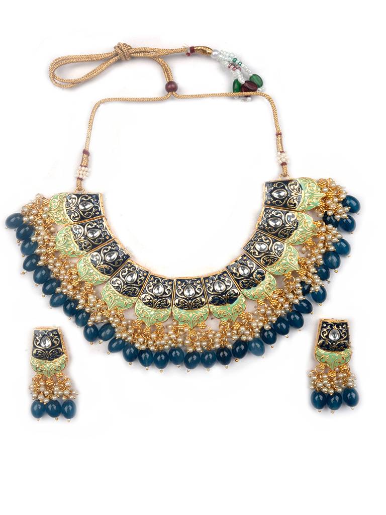 Dual Colour Kundan Meenakari Necklace Set With Earrings And Maangtika : Kundan08Blue