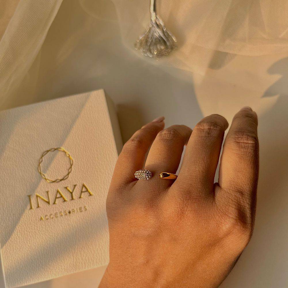 18Kt Gold Plated Crescent Zirconia Ring, Iris : INIRIS