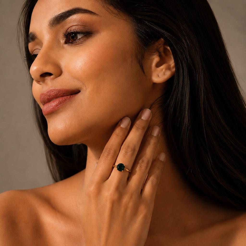 Minimalist Green Solitaire Gold Ring : RRAPR26AID-08