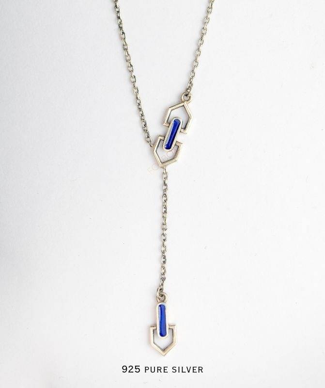 925 Pure Oxidised Silver Y Emma Neckalce With Blue Enamel : NK001