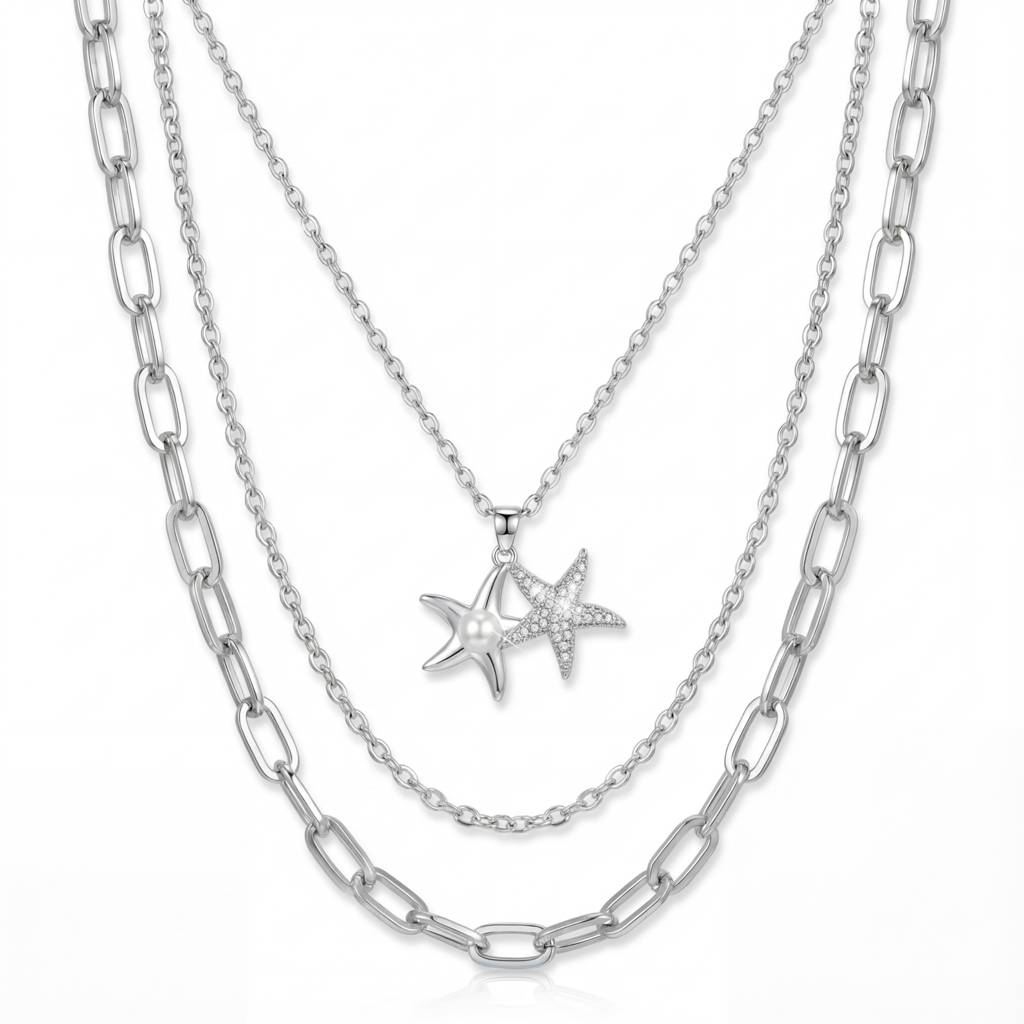 Korean Ocean Muse Triple-Strand Starfish & Pearl Statement Necklace : YUFSNL238