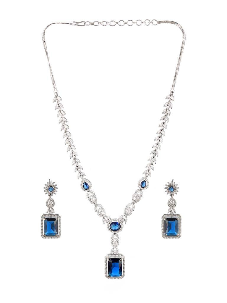 Silver Plated Blue Cz Studded Statement Floral Necklace Jewellery Set : SJNK2201