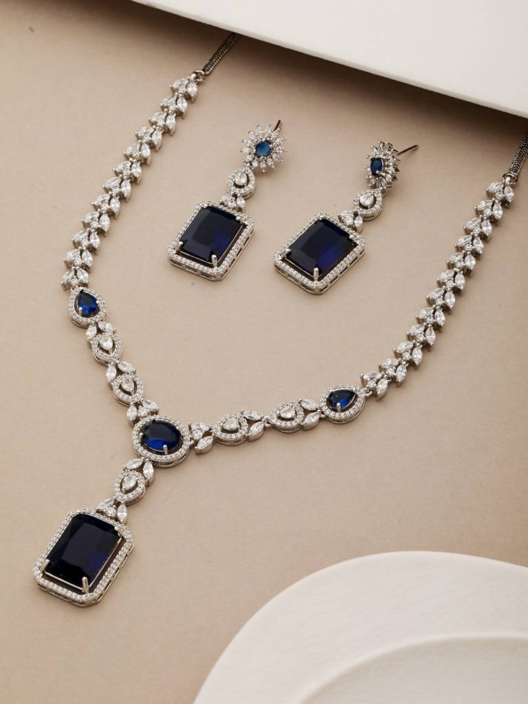 Silver Plated Blue Cz Studded Statement Floral Necklace Jewellery