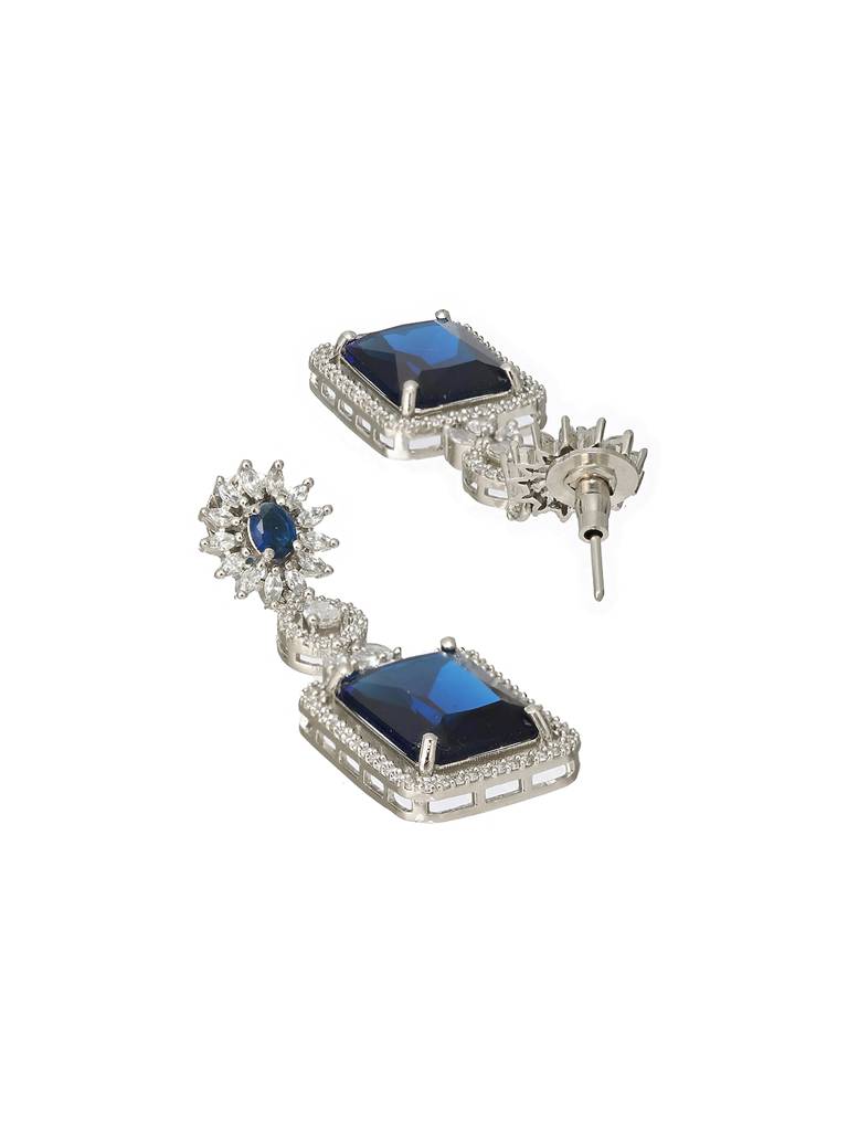 Silver Plated Blue Cz Studded Statement Floral Necklace Jewellery Set : SJNK2201