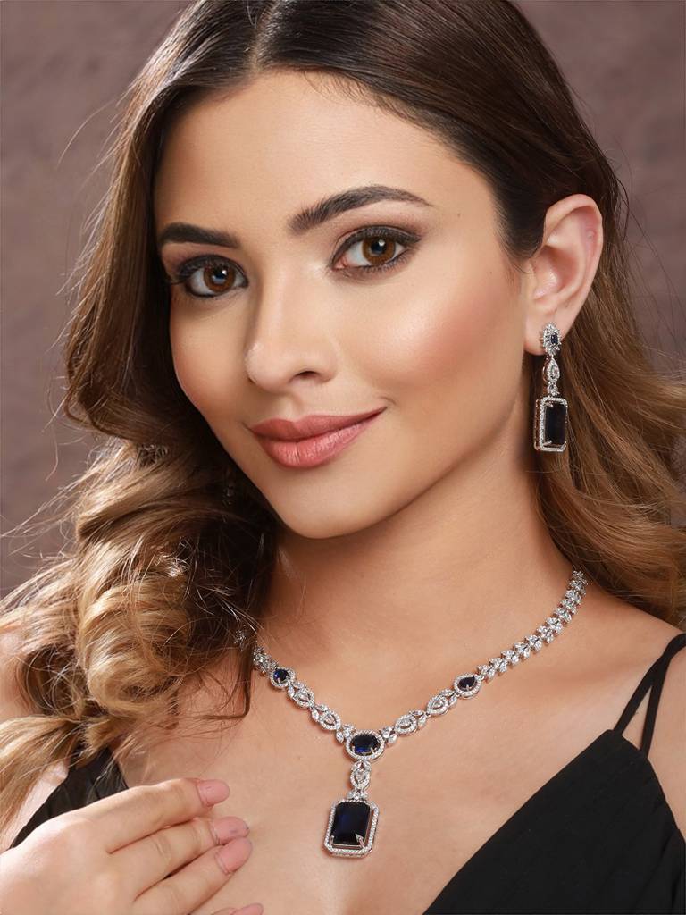 Silver Plated Blue Cz Studded Statement Floral Necklace Jewellery Set : SJNK2201