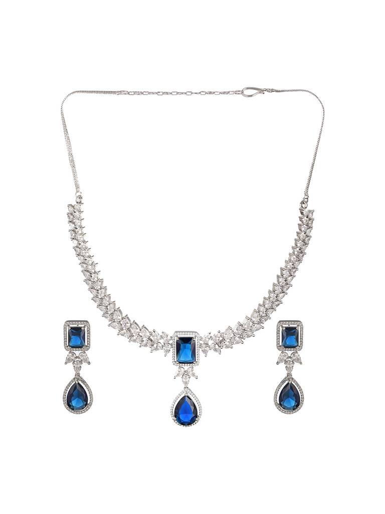 Silver Plated Blue Zircon Minimal Necklace Jewellery Set : SJNK2204
