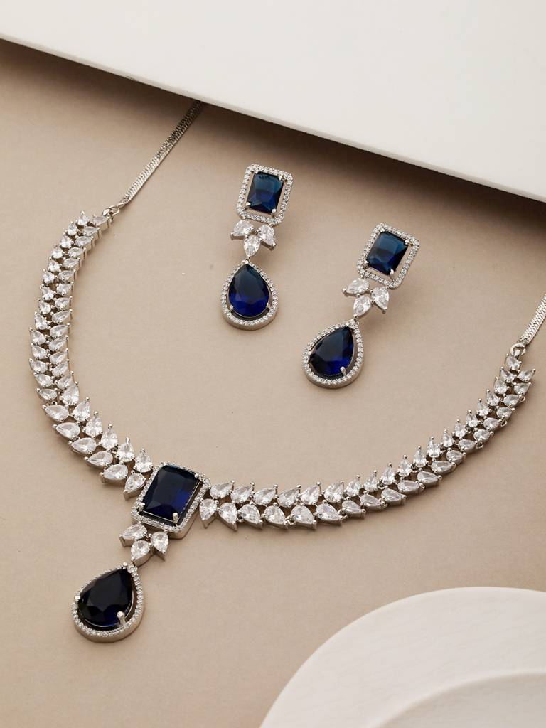 Silver Plated Blue Zircon Minimal Necklace Jewellery Set : SJNK2204