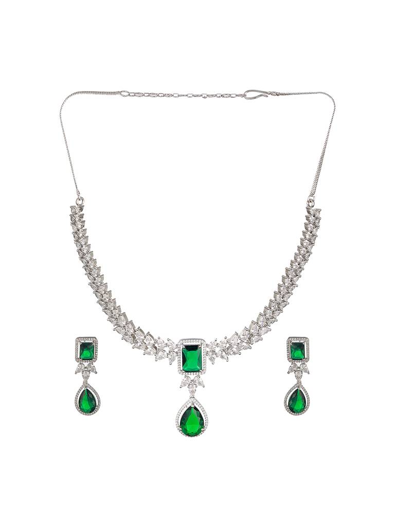 Silver Plated Green Zircon Minimal Necklace Jewellery Set : SJNK2205