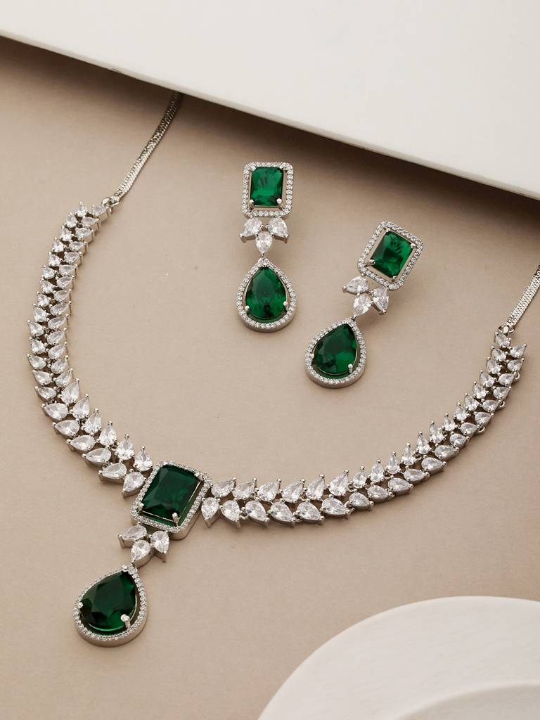 Silver Plated Green Zircon Minimal Necklace Jewellery Set : SJNK2205