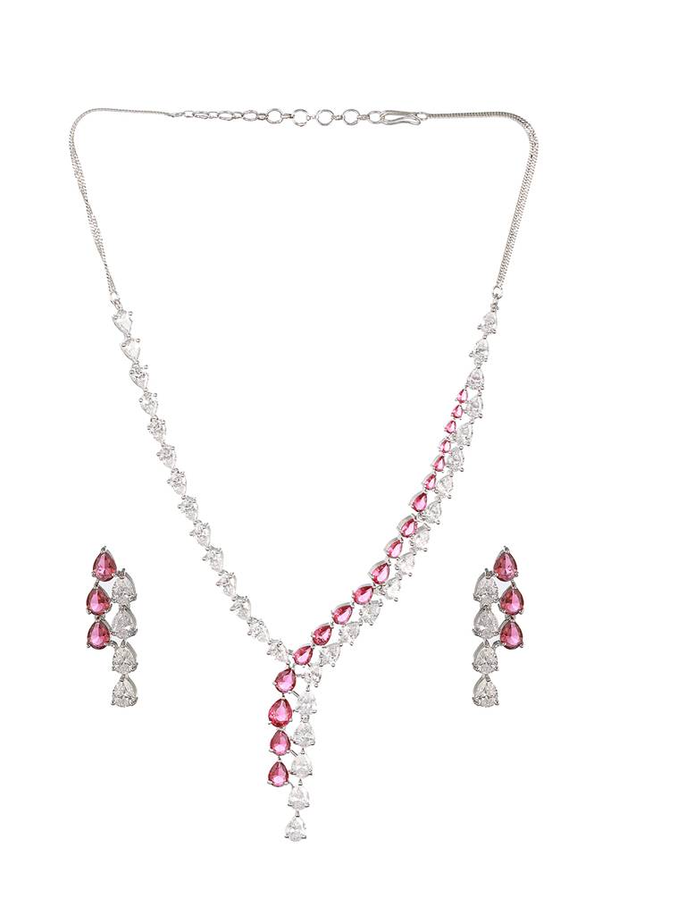 Silver Toned Red Cz Statement Designer Necklace Jewellery Set : SJNK2206