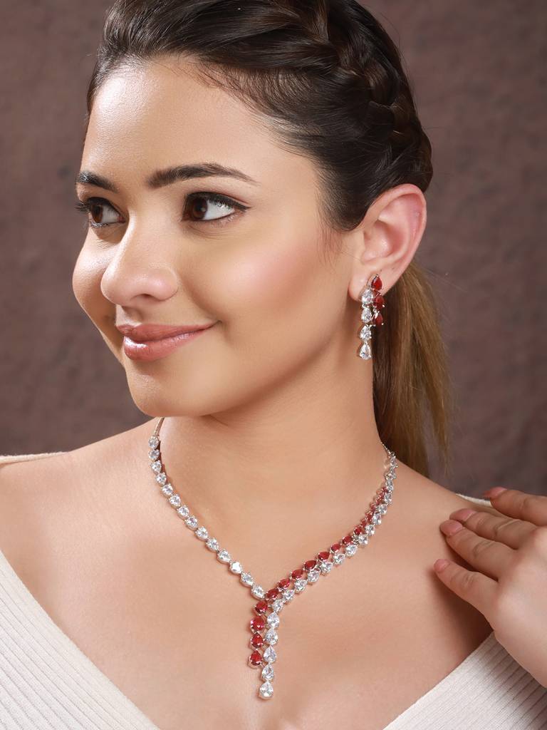 Silver Toned Red Cz Statement Designer Necklace Jewellery Set : SJNK2206
