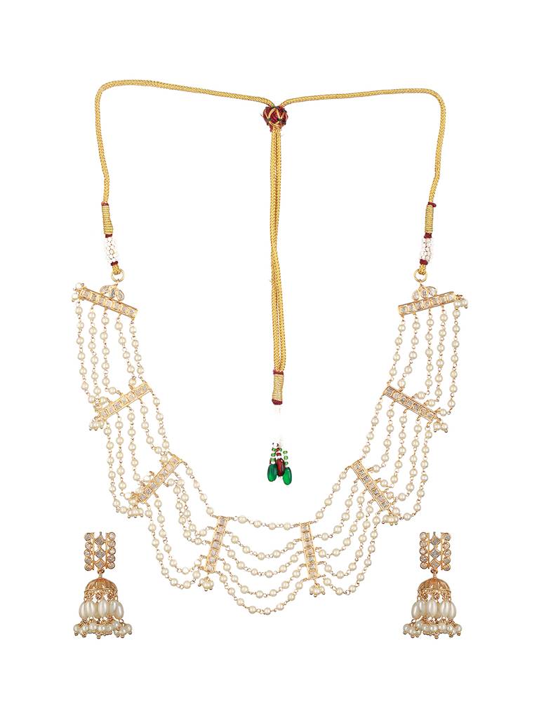 Gold Toned Pearl Beaded Minimal Choker Jewellery Set : SJNK2209