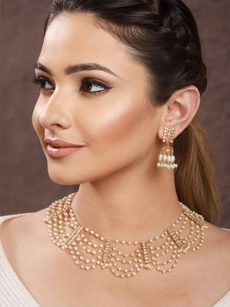 Gold Toned Pearl Beaded Minimal Choker Jewellery Set : SJNK2209