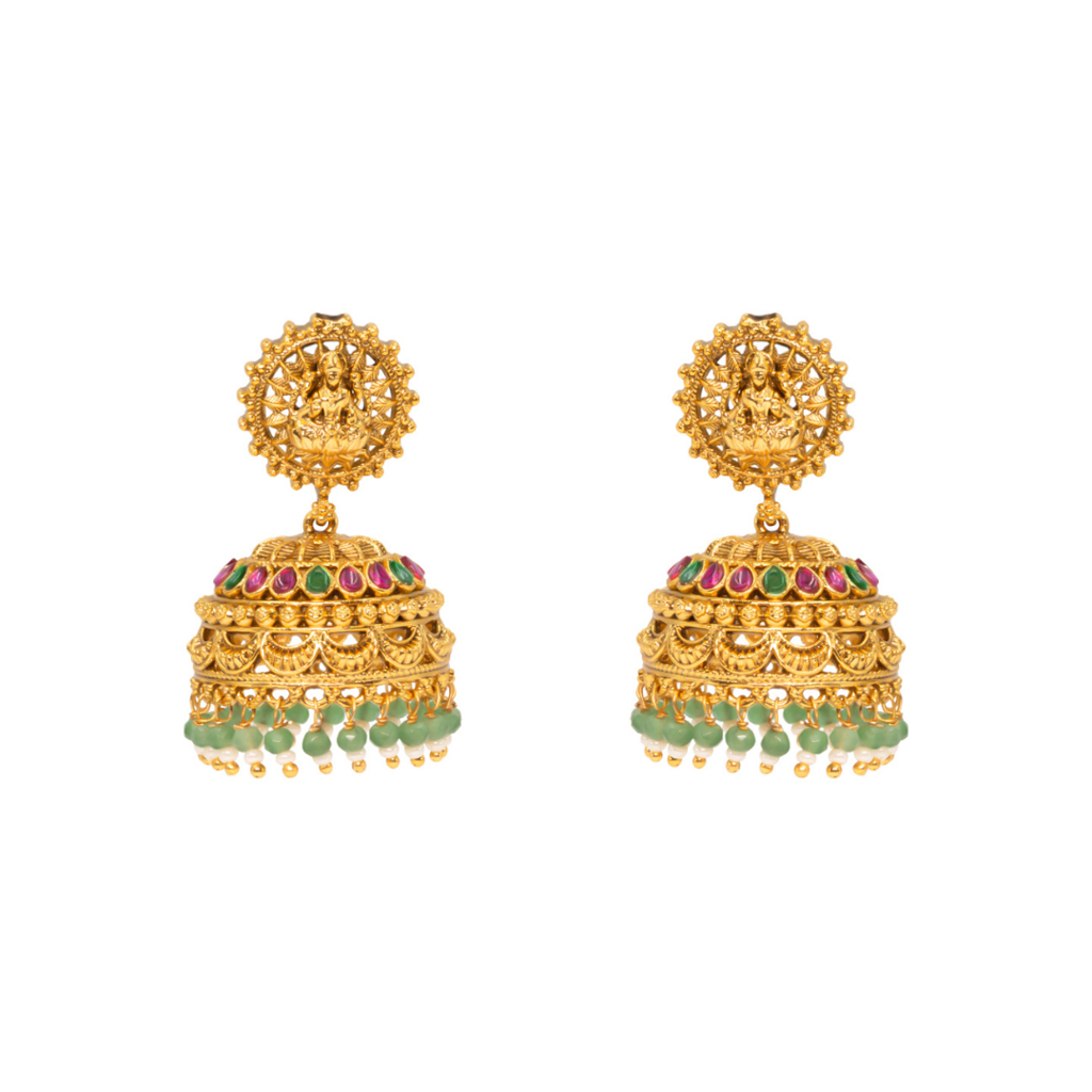 Antique Laxmi Temple Jhumka With Green Beads R-2230 : R-2230