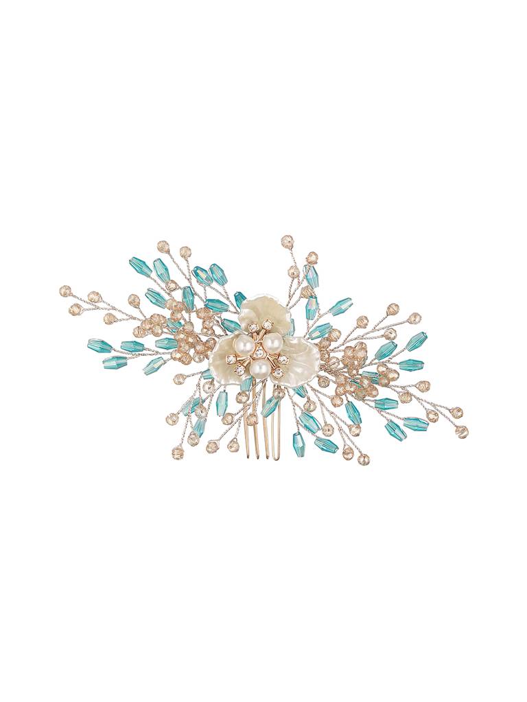 Gold Toned Mother Of Pearl Embellished Blue Hair Comb Pin : SJHC2211