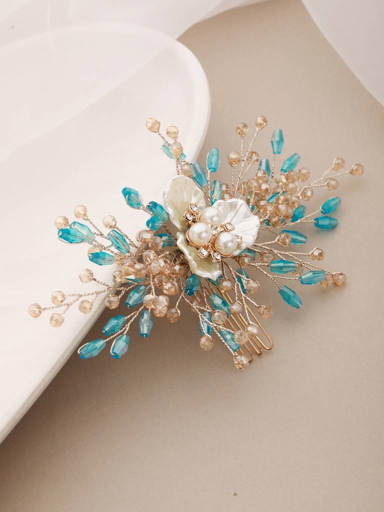 Gold Toned Mother Of Pearl Embellished Blue Hair Comb Pin : SJHC2211