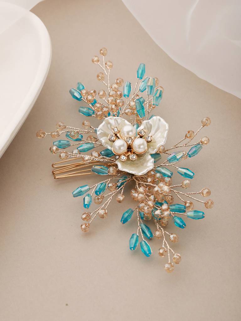 Gold Toned Mother Of Pearl Embellished Blue Hair Comb Pin : SJHC2211