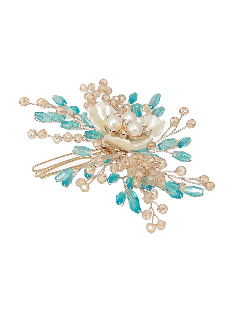 Gold Toned Mother Of Pearl Embellished Blue Hair Comb Pin : SJHC2211