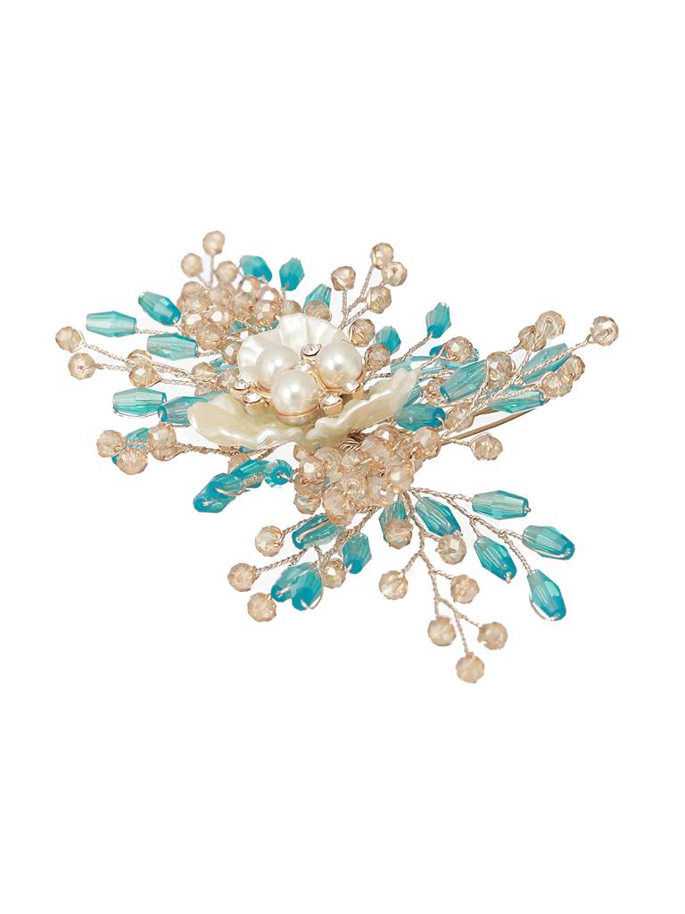 Gold Toned Mother Of Pearl Embellished Blue Hair Comb Pin : SJHC2211