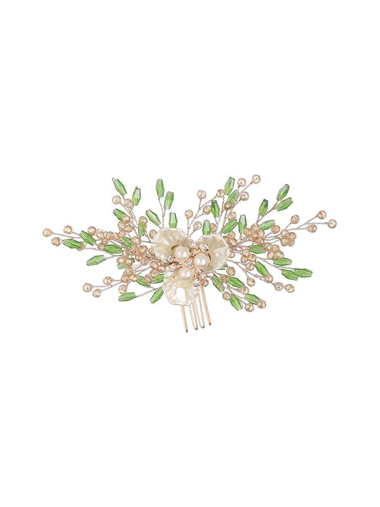 Gold Toned Mother Of Pearl Embellished Green Hair Comb Pin : SJHC2212