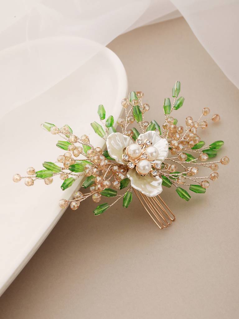 Gold Toned Mother Of Pearl Embellished Green Hair Comb Pin : SJHC2212