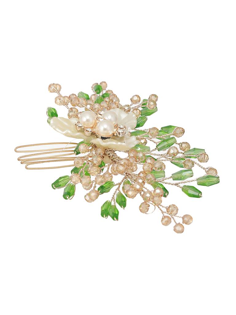 Gold Toned Mother Of Pearl Embellished Green Hair Comb Pin : SJHC2212