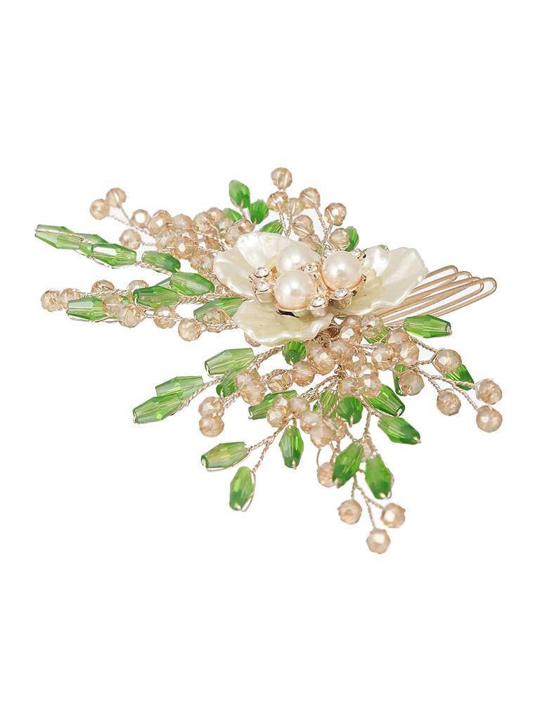 Gold Toned Mother Of Pearl Embellished Green Hair Comb Pin : SJHC2212