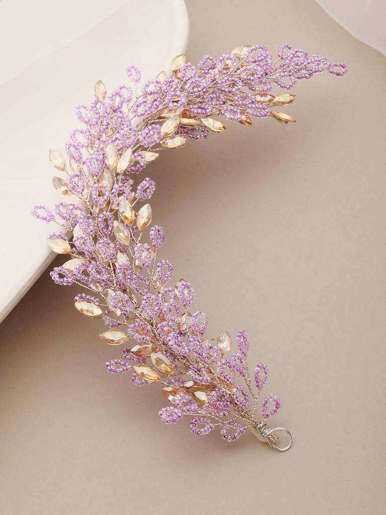 Gold Toned Purple Pearl Embedded Statement Hair Comb Pin : SJHC2213