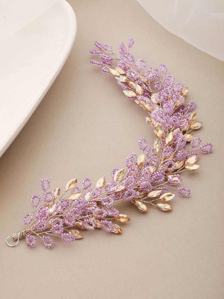 Gold Toned Purple Pearl Embedded Statement Hair Comb Pin : SJHC2213