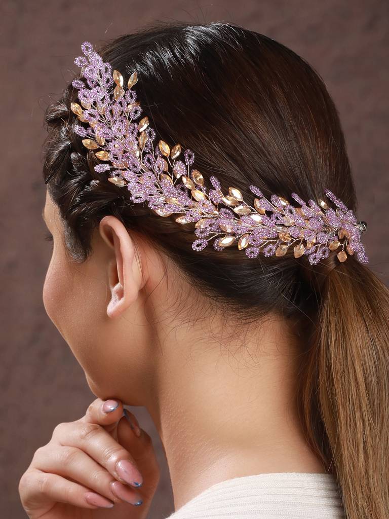 Gold Toned Purple Pearl Embedded Statement Hair Comb Pin : SJHC2213