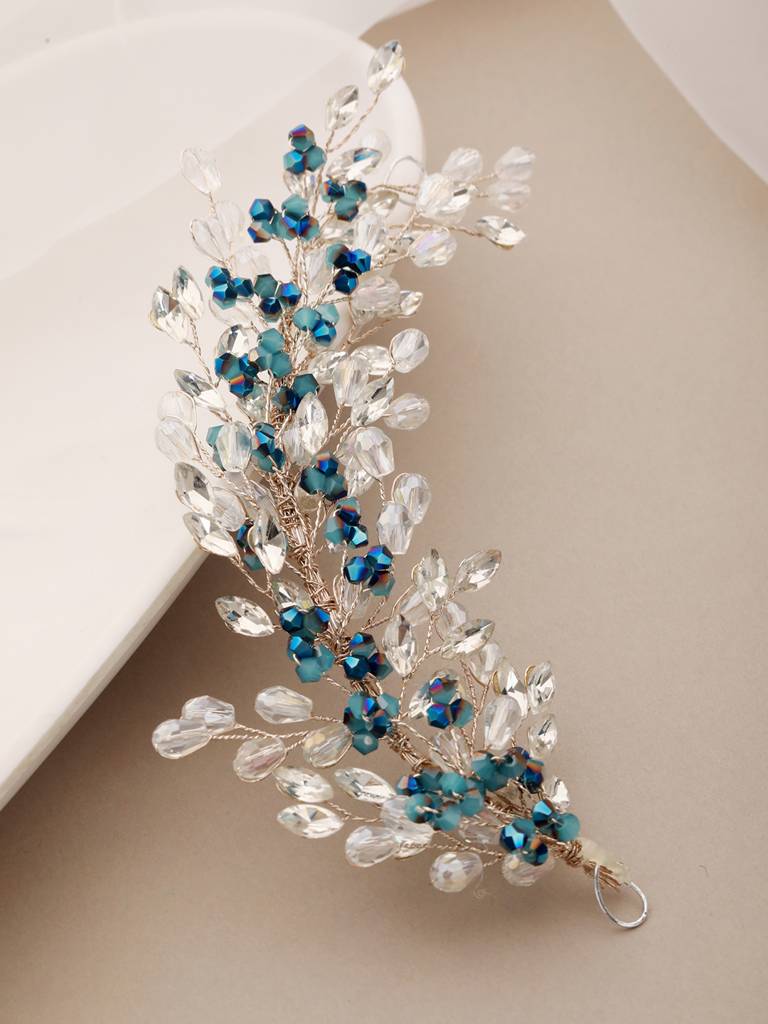 Silver Toned Blue Crystal Beaded Statement Hair Pin : SJHC2215