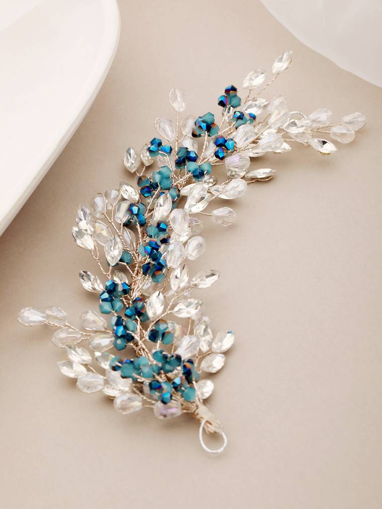 Silver Toned Blue Crystal Beaded Statement Hair Pin : SJHC2215