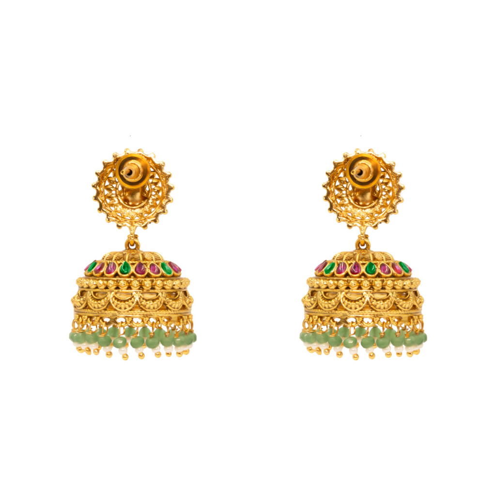 Antique Laxmi Temple Jhumka With Green Beads R-2230 : R-2230