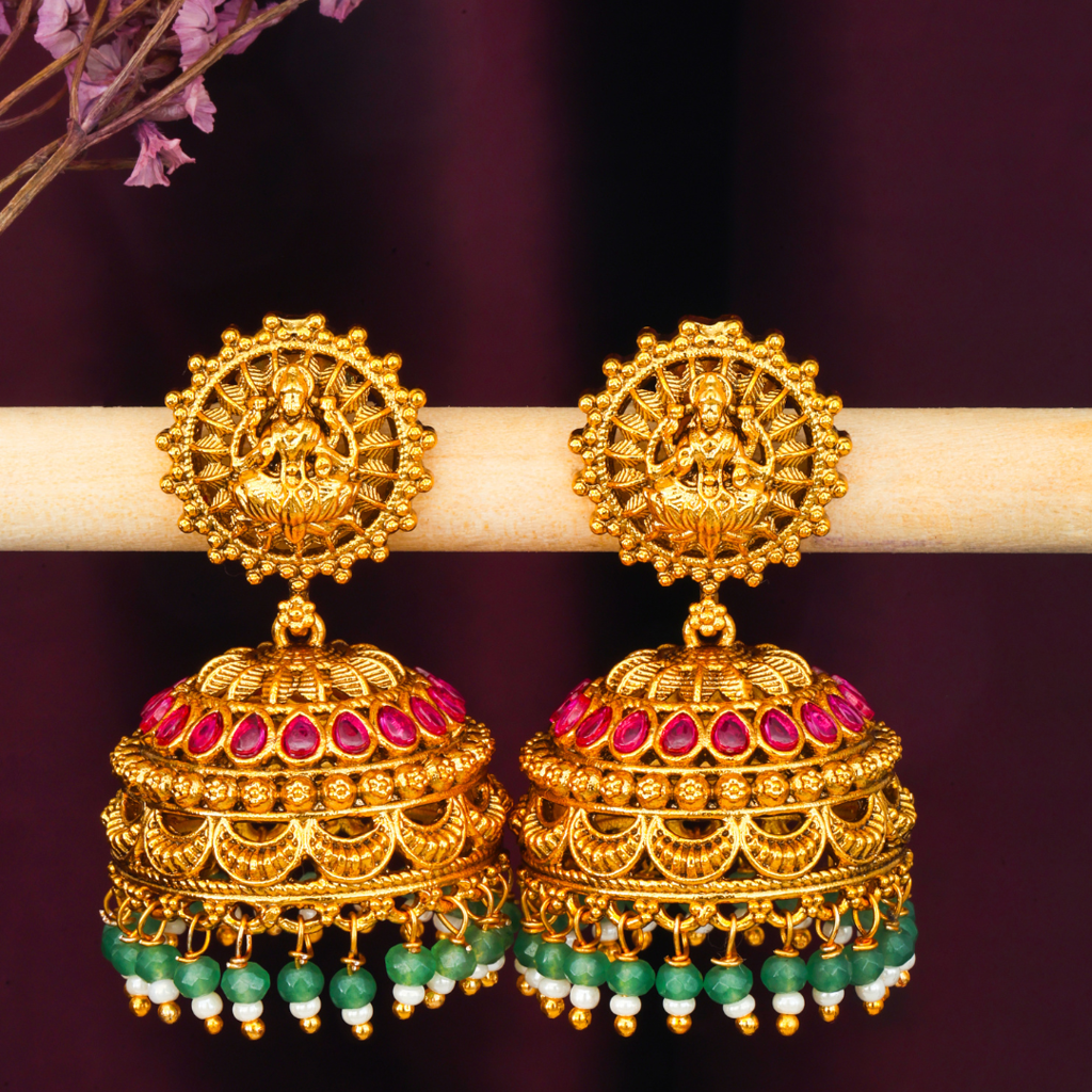 Antique Laxmi Temple Jhumka With Green Beads R-2230 : R-2230