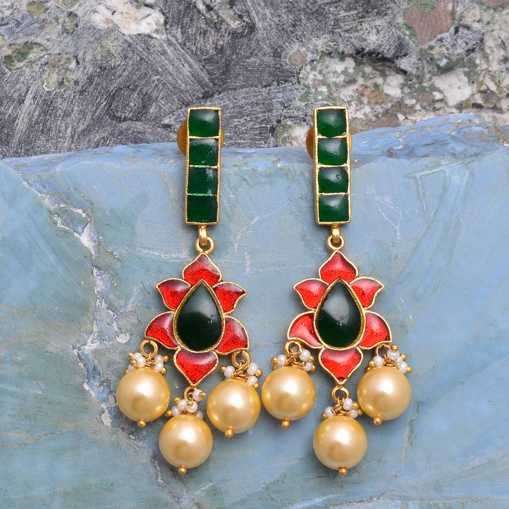 925 Sterling Dangaling Earring With 24K Gold Plated And Meena Work : 2232