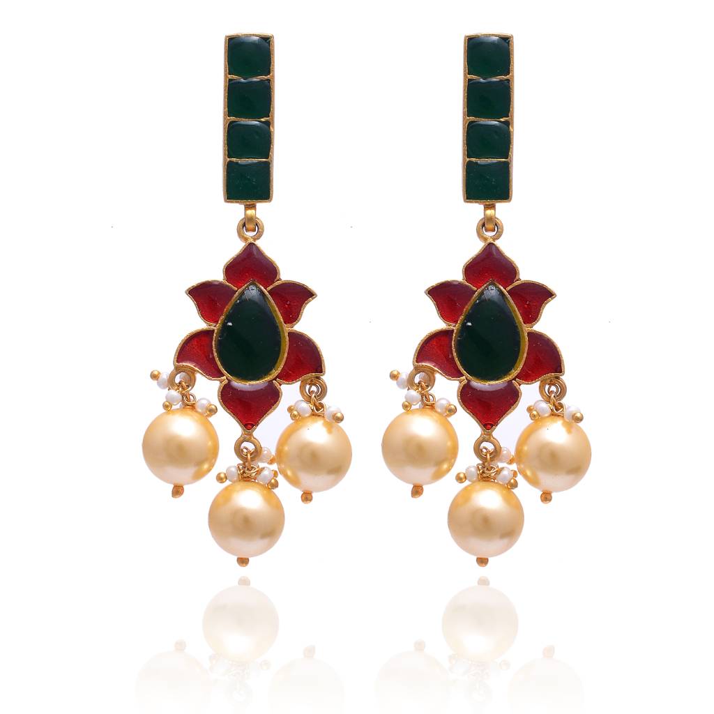 925 Sterling Dangaling Earring With 24K Gold Plated And Meena Work : 2232