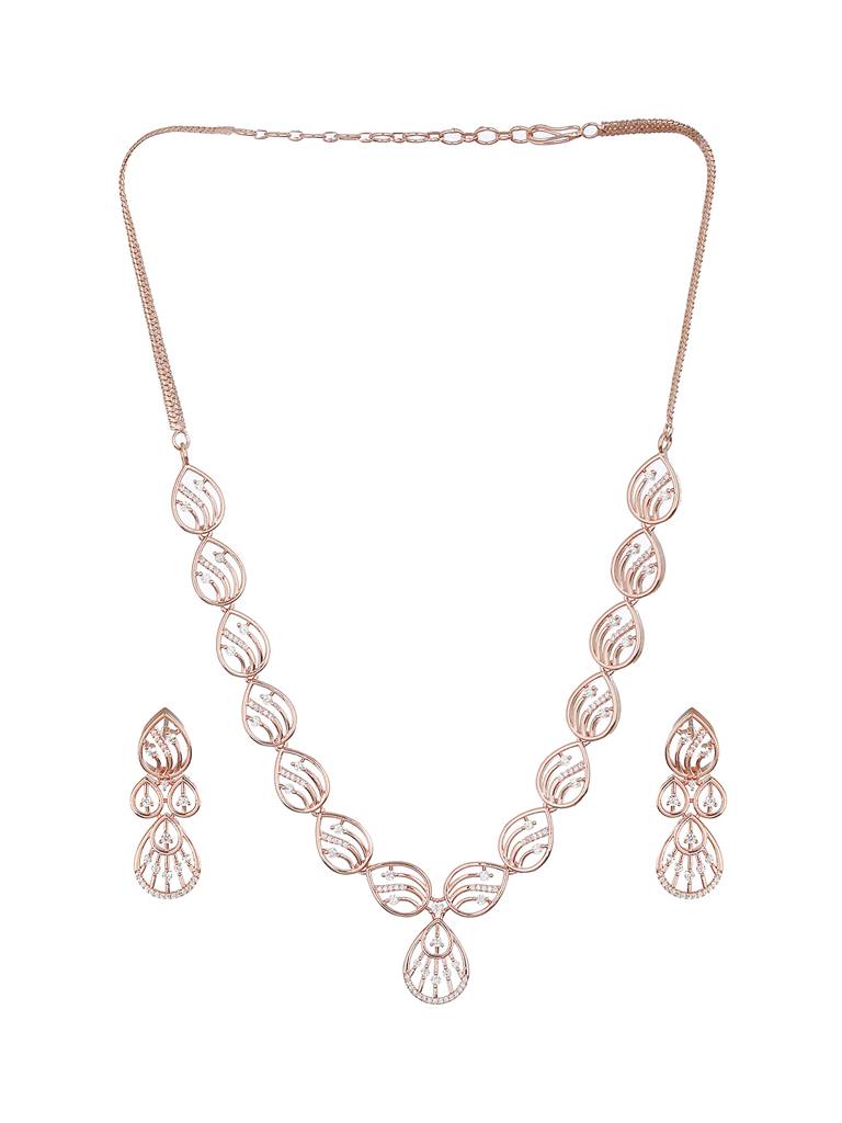 Rose Gold Toned Zircon Studded Minimal Necklace Jewellery Set : SJNK2239