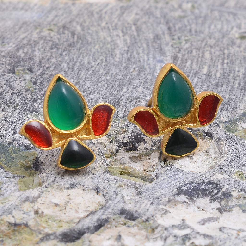 925 Sterling Stud With 24K Gold Plated Green Onex Stone : 2248