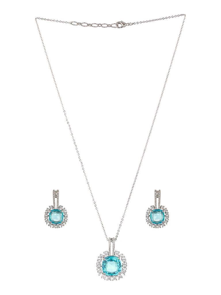 Silver Toned Aqua Ad Studded Statement Locket Jewellery Set : SJLK2265