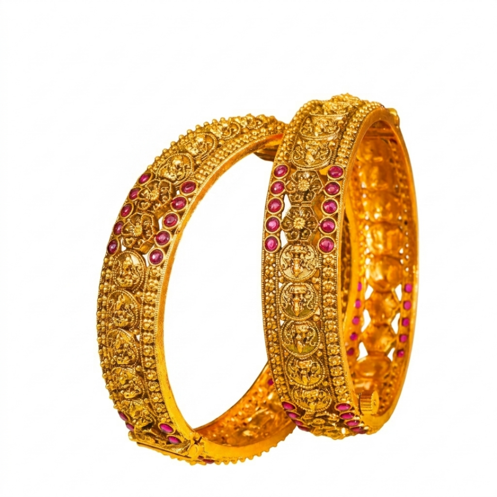 Antique Lakshmi Ruby Dual Row Temple Paired Bangle | 1 Gram Gold-Plated : V-2570