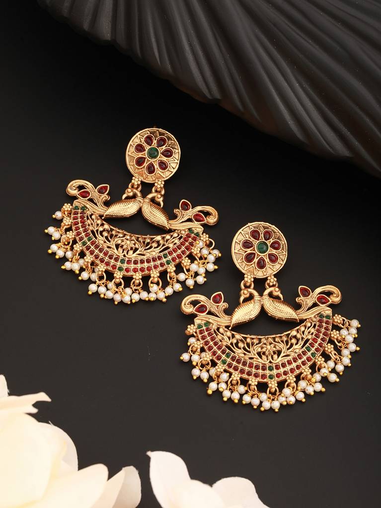 Gold Plated Crescent Shaped Peacock Chandbali Earrings : SJER2277