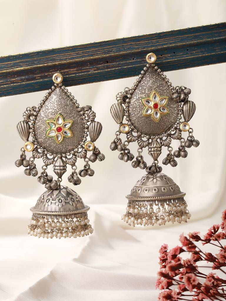 Silver Toned Statement Light Weight Large Jhumka Earrings : SJER2289