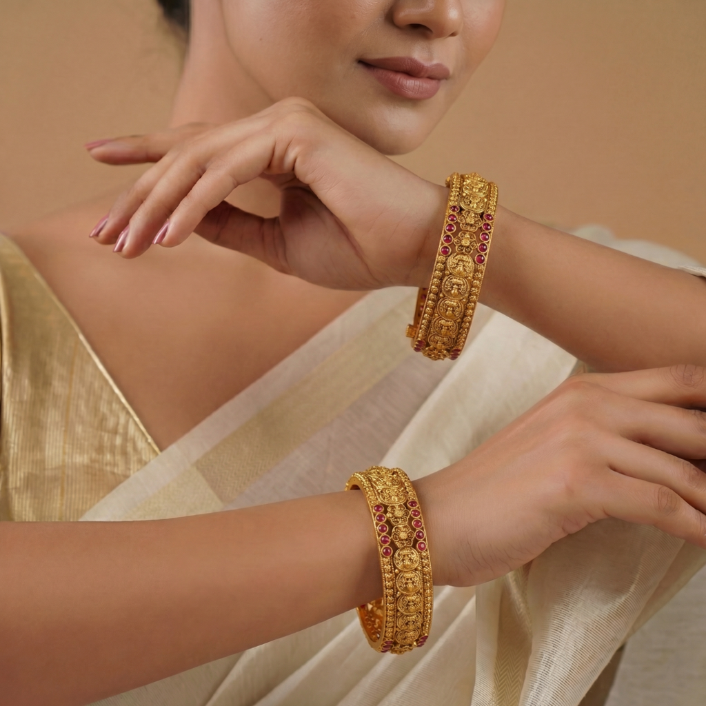 Antique Lakshmi Ruby Dual Row Temple Paired Bangle | 1 Gram Gold-Plated : V-2570