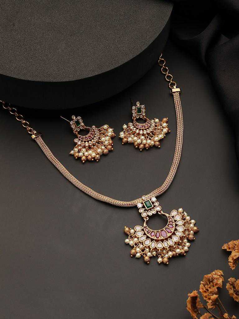 22K Gold Plated Red Kemp Chandbali Chain Necklace Jewellery Set