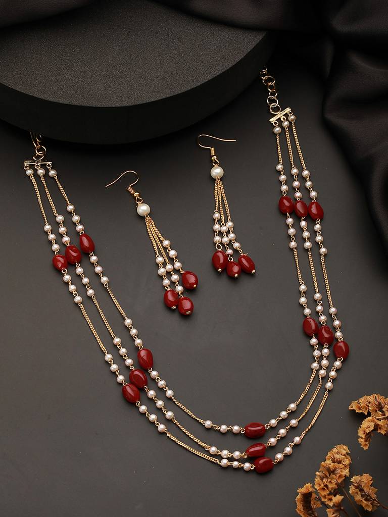 Gold Plated Red Pearl Maala Necklace Jewellery Set : SJNK2296