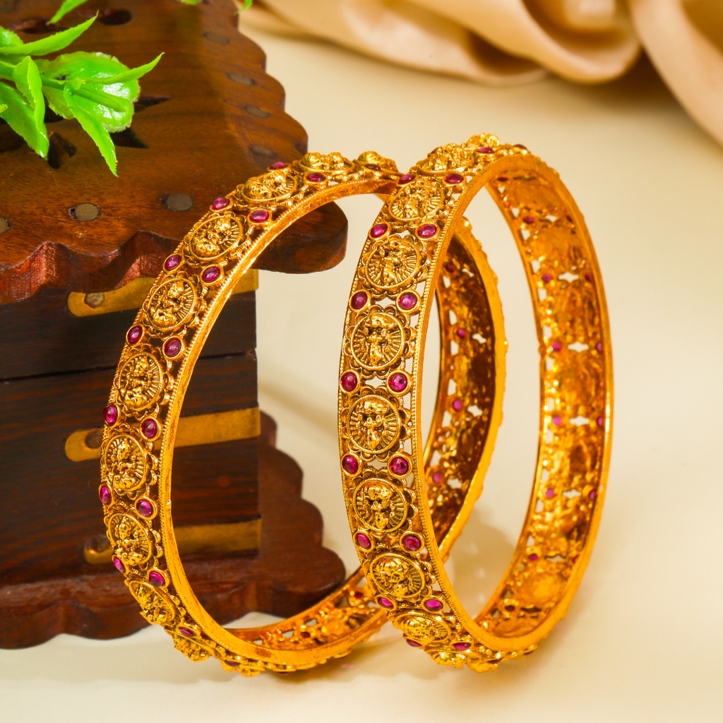 Antique Lakshmi Coin Medallion Ruby Paired Bangle | 1 Gram Gold-Plated : V-2482