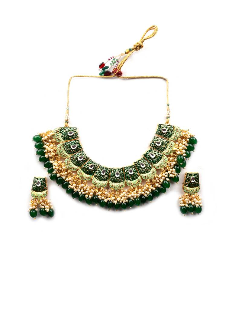 Dual Colour Kundan Meenakari Necklace Set With Earrings And Maangtika : Kundan08Green