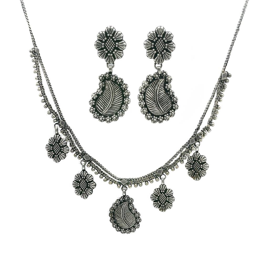 925 Pure Silver Antique Necklace | Silver Choker Necklace With Drop Earrings : NL1017A